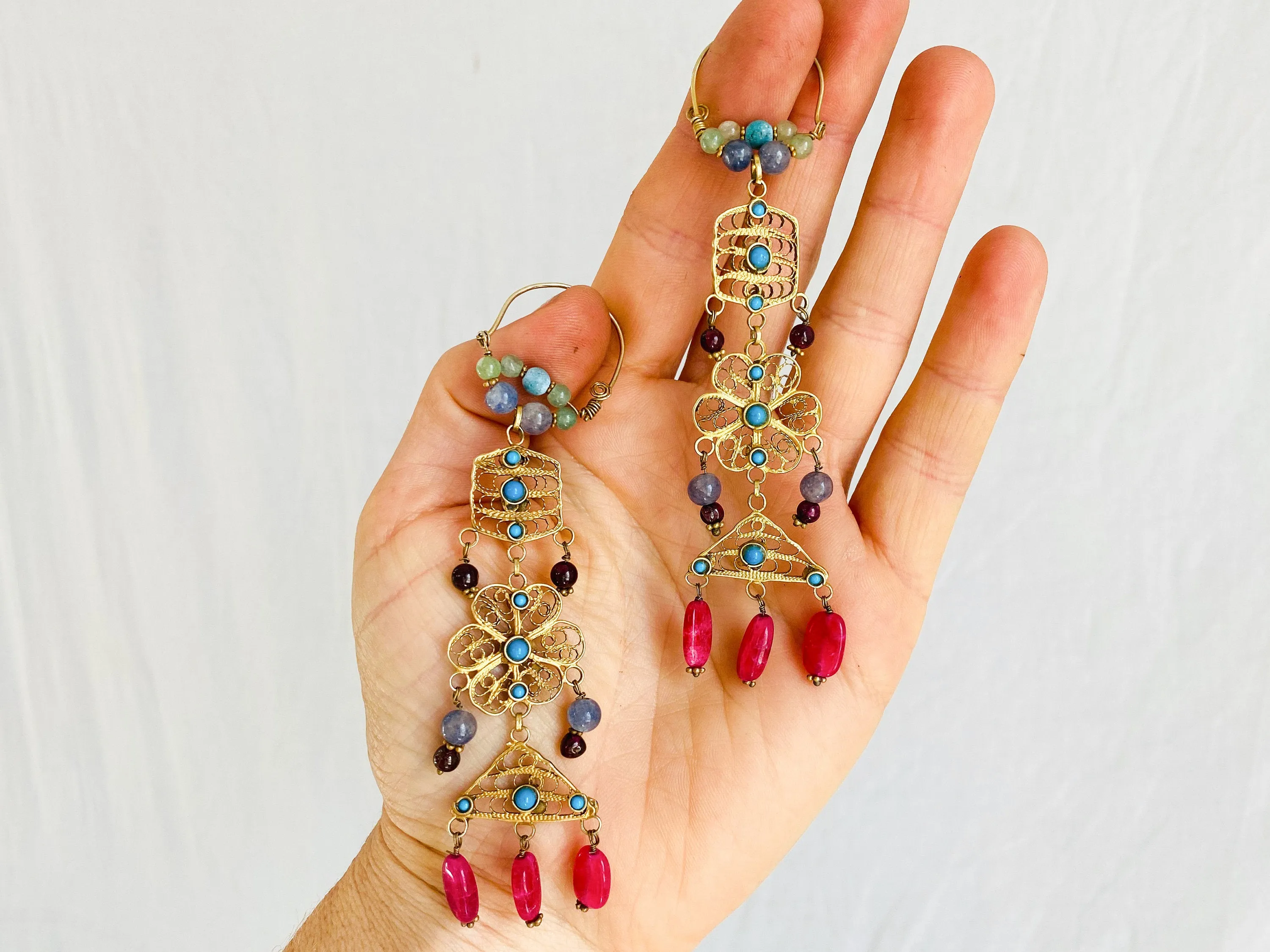 Vintage Uzbek Bukhara Vermeil Filigree Earrings. Semi-Precious Stones.