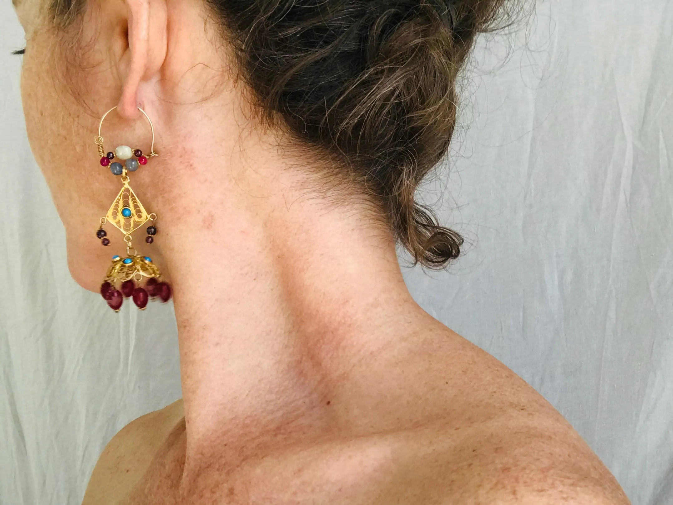 Vintage Uzbek Bukhari Earrings. Vermeil Filigree. Semi-Precious Stones.