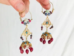 Vintage Uzbek Bukhari Earrings. Vermeil Filigree. Semi-Precious Stones.