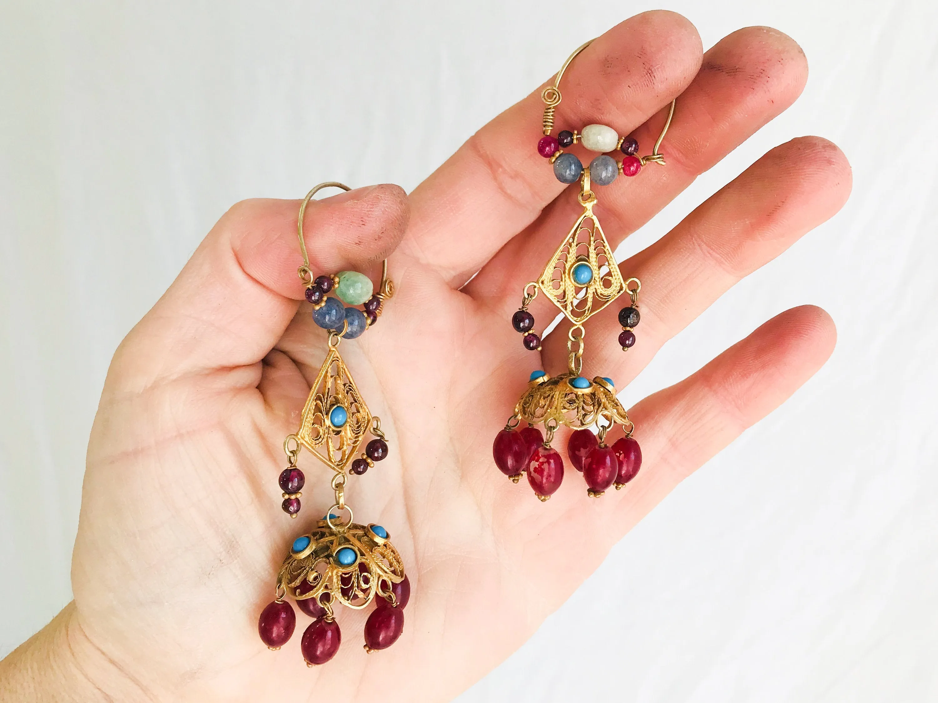 Vintage Uzbek Bukhari Earrings. Vermeil Filigree. Semi-Precious Stones.