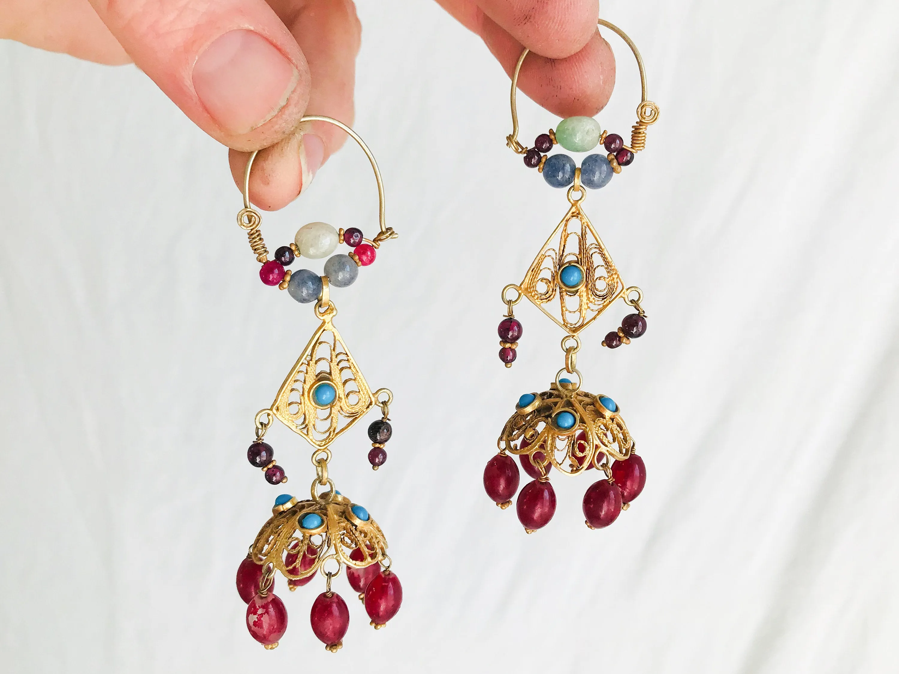 Vintage Uzbek Bukhari Earrings. Vermeil Filigree. Semi-Precious Stones.