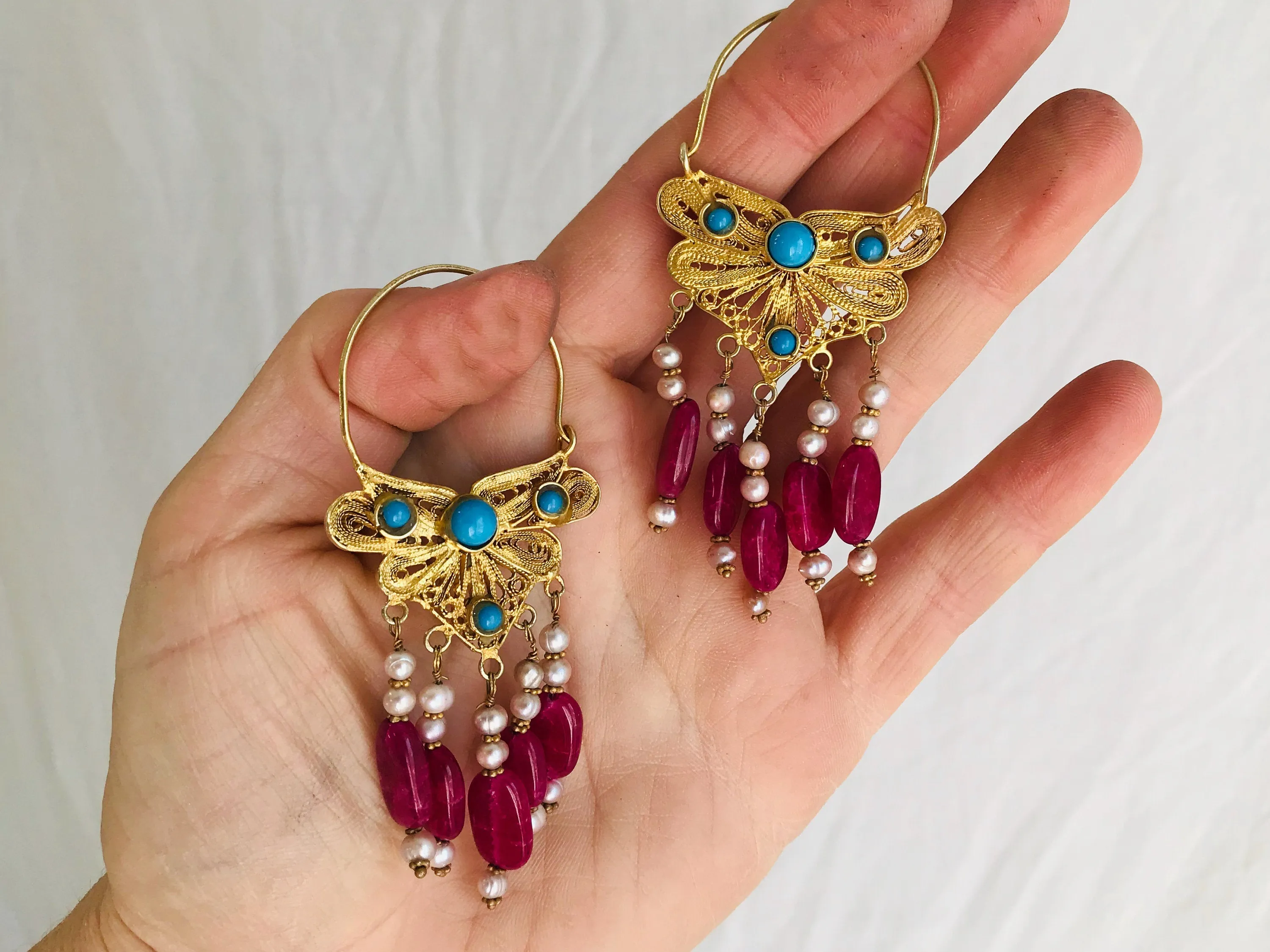 Vintage Uzbek Filigree Earrings. Vermeil. Bukhari. Pearls & Semi-Precious Stones
