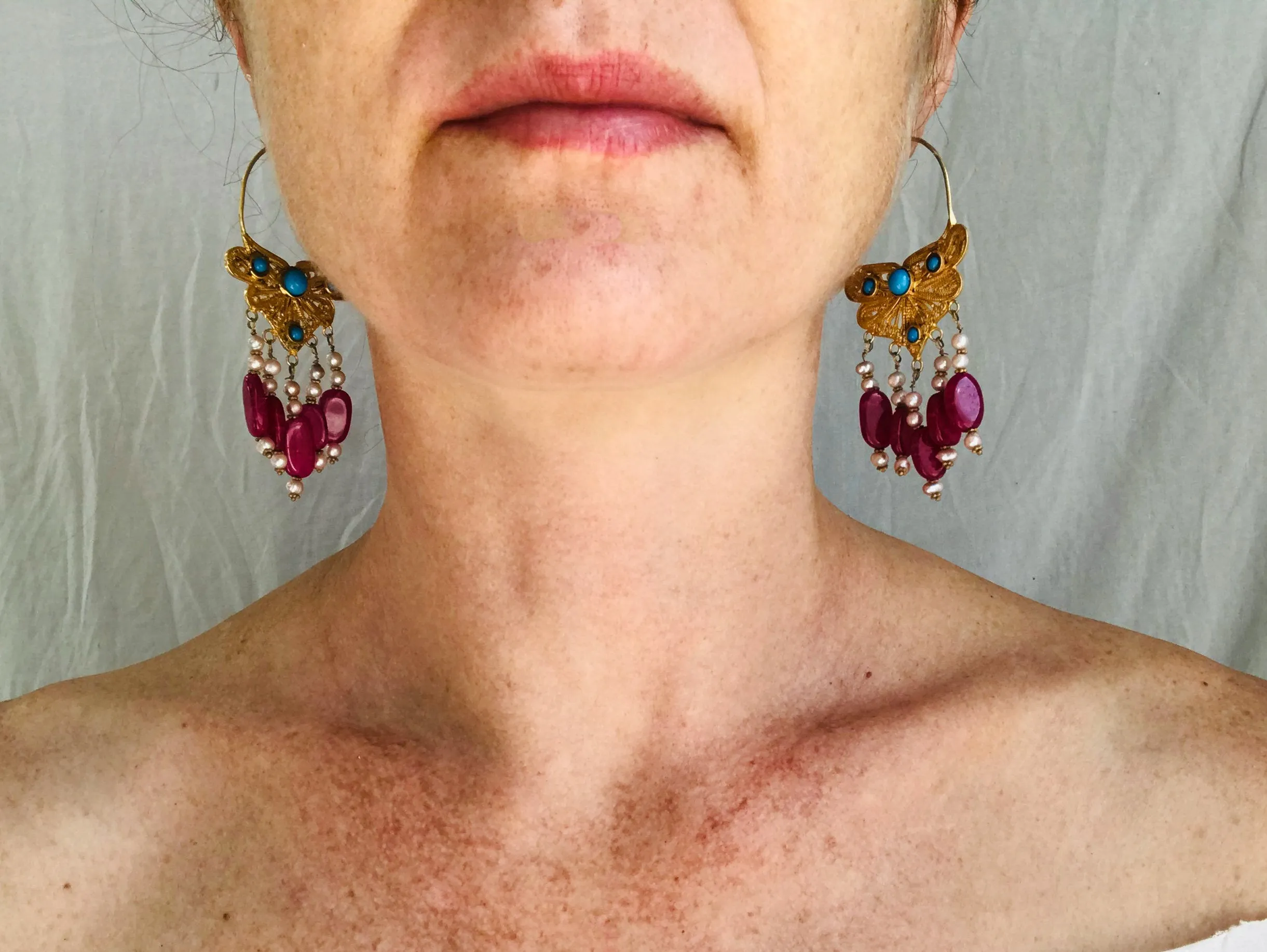 Vintage Uzbek Filigree Earrings. Vermeil. Bukhari. Pearls & Semi-Precious Stones