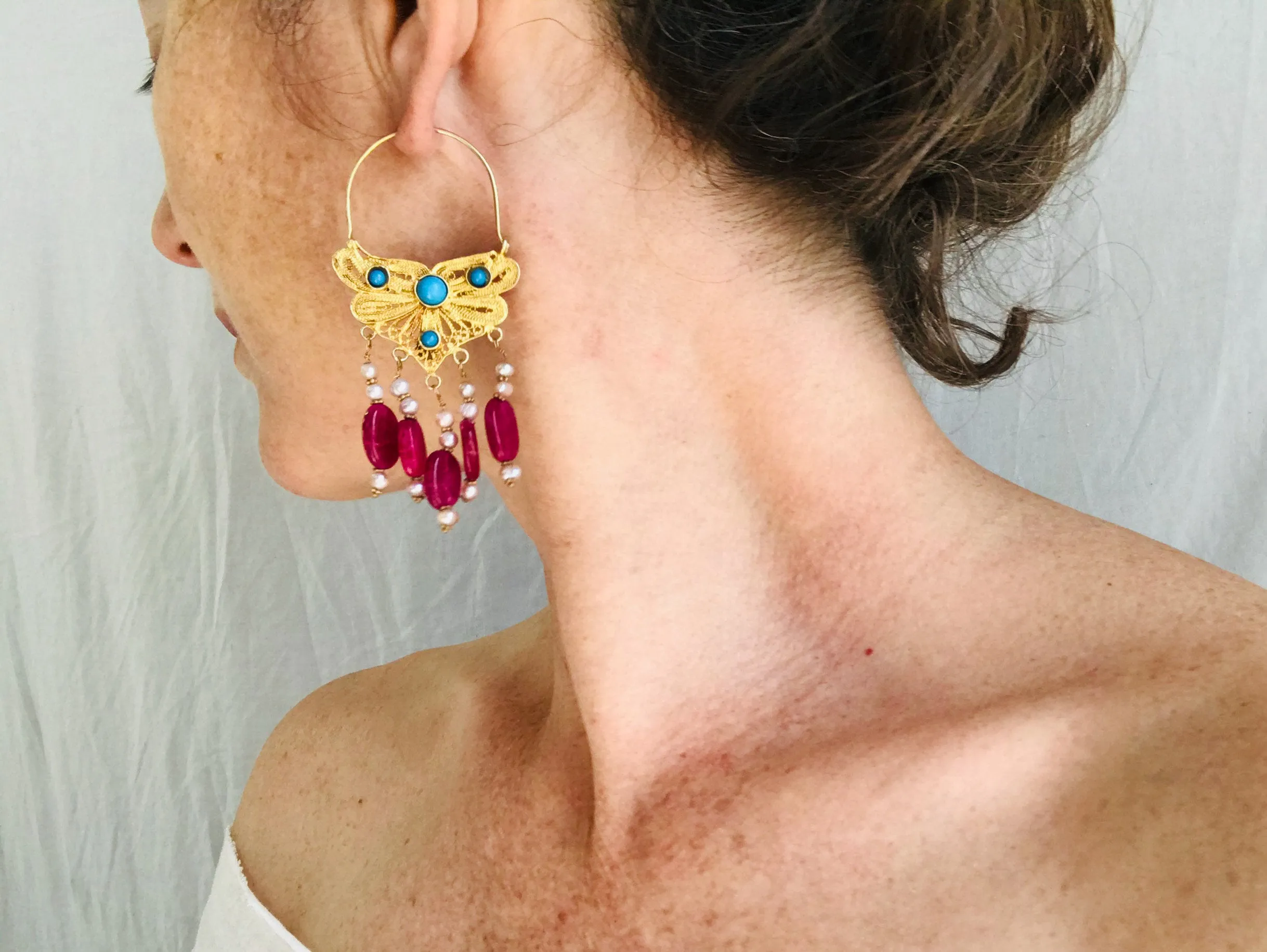 Vintage Uzbek Filigree Earrings. Vermeil. Bukhari. Pearls & Semi-Precious Stones