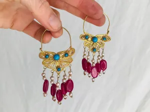 Vintage Uzbek Filigree Earrings. Vermeil. Bukhari. Pearls & Semi-Precious Stones