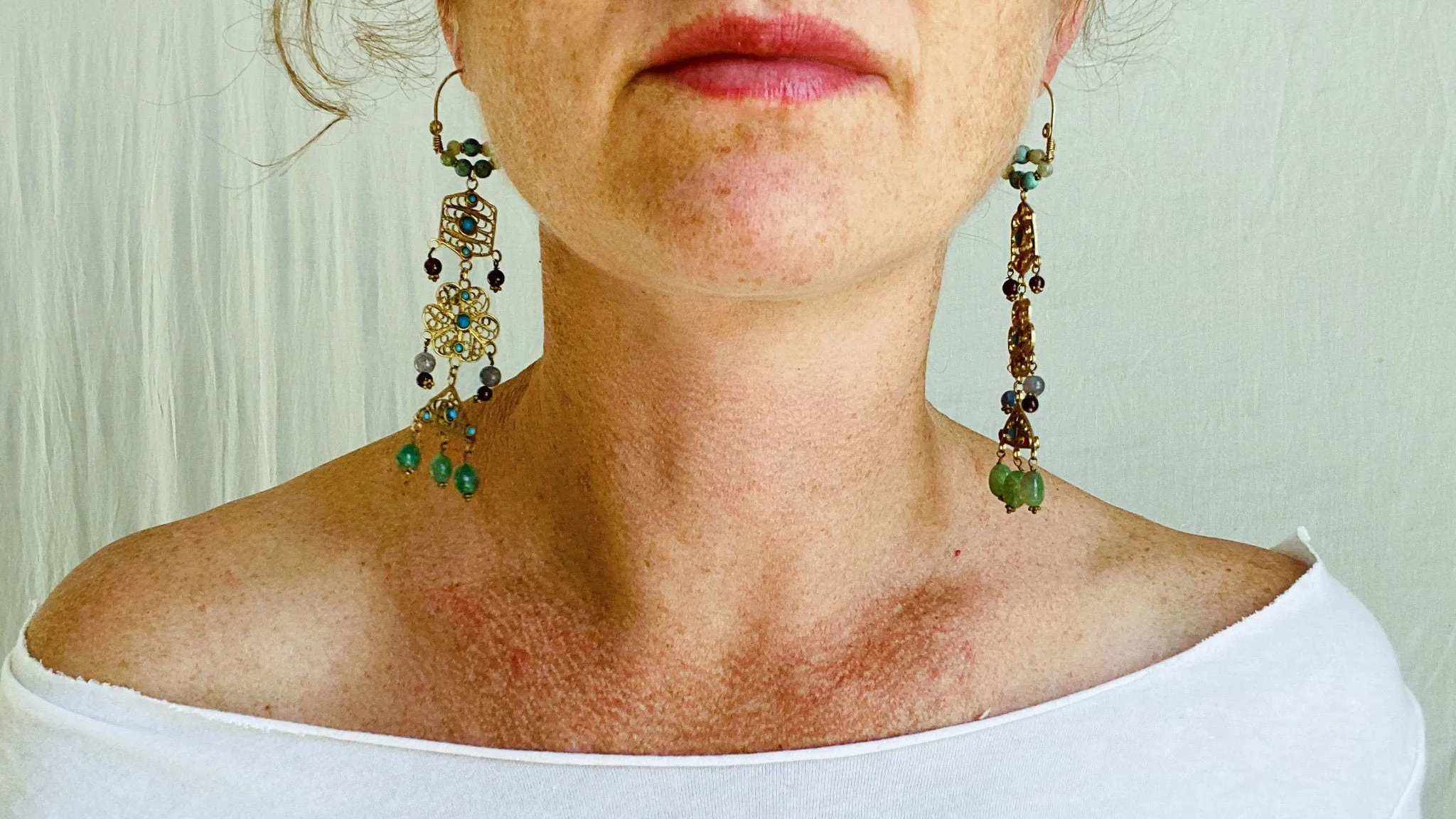 Vintage Uzbek Vermeil Filigree Earrings. Semi-Precious Stones. 0218