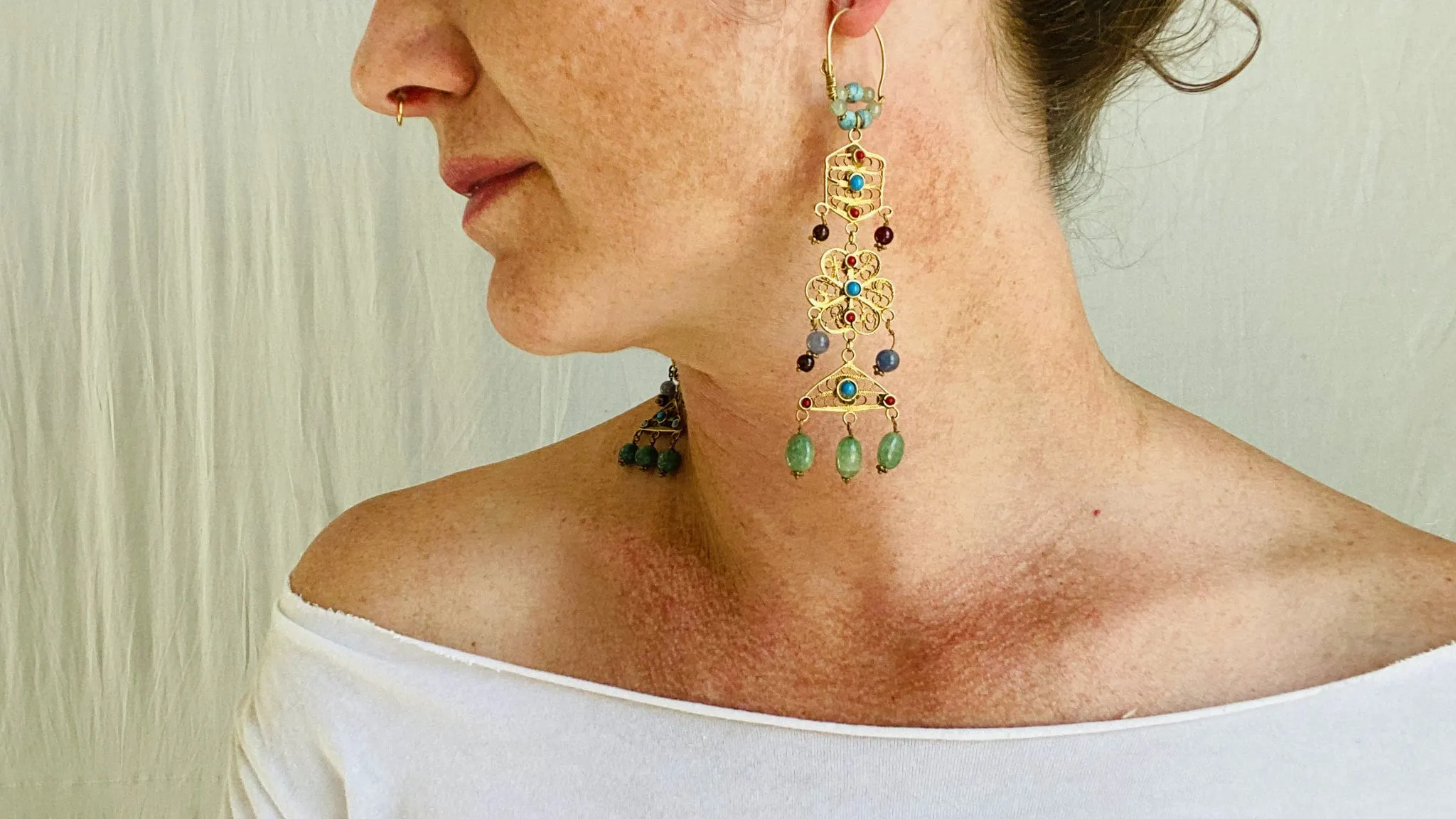 Vintage Uzbek Vermeil Filigree Earrings. Semi-Precious Stones. 0218