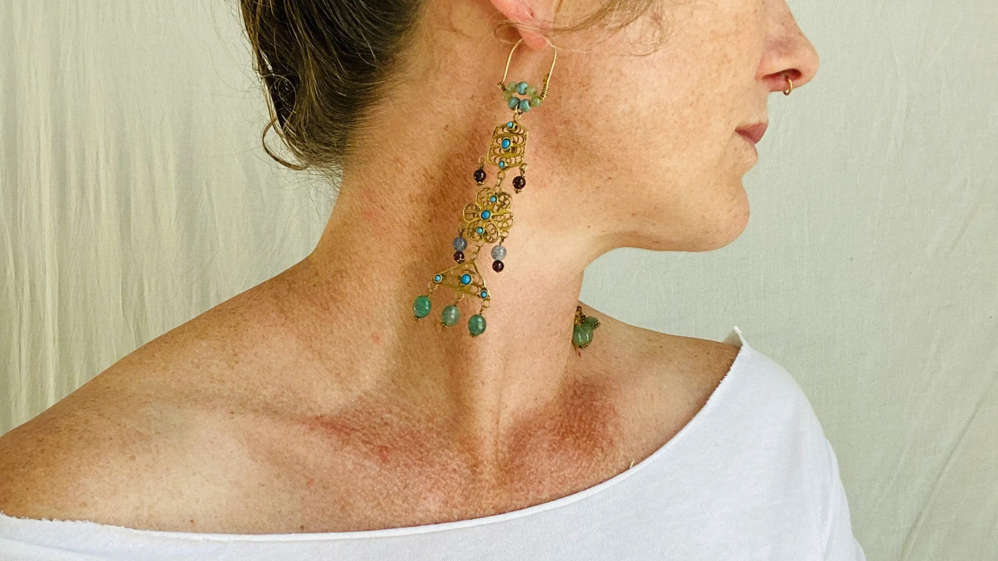 Vintage Uzbek Vermeil Filigree Earrings. Semi-Precious Stones. 0218