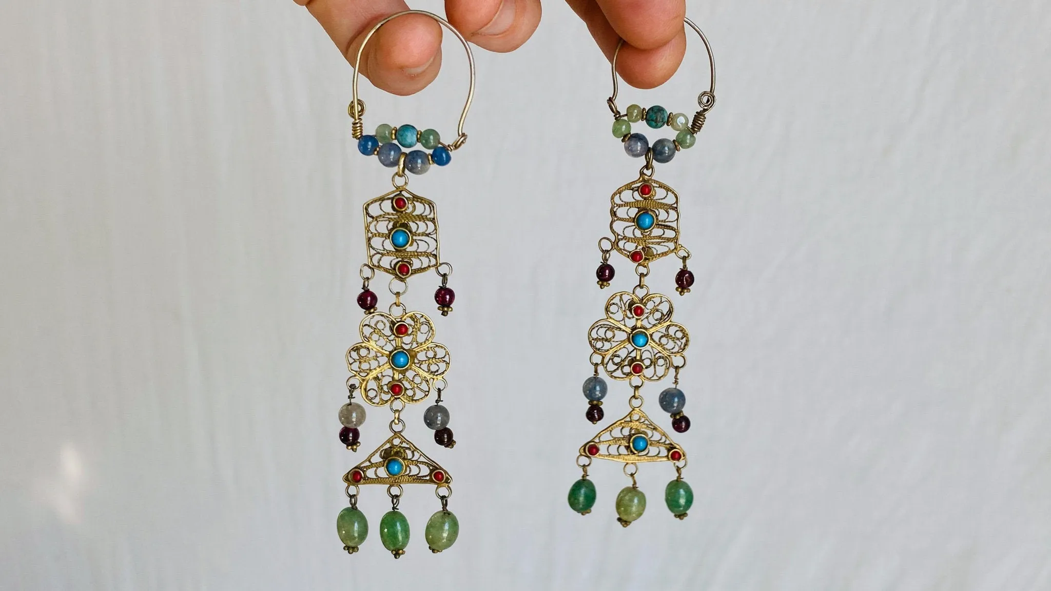 Vintage Uzbek Vermeil Filigree Earrings. Semi-Precious Stones. 0218
