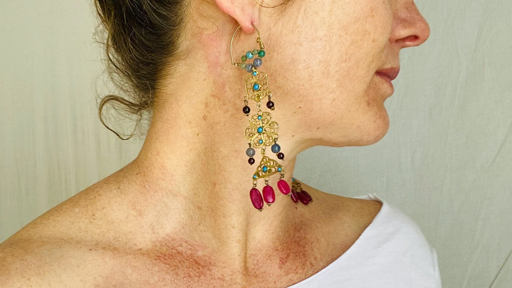 Vintage Uzbek Vermeil Filigree Earrings. Semi-Precious Stones. 0222