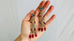 Vintage Uzbek Vermeil Filigree Earrings. Semi-Precious Stones. 0222