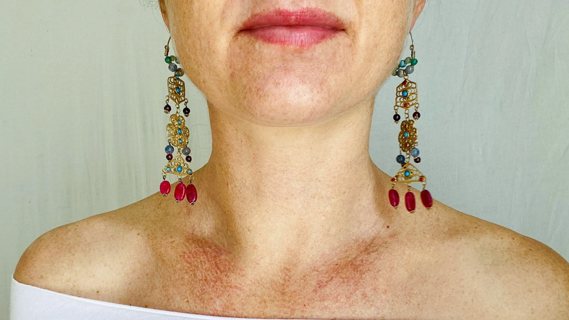 Vintage Uzbek Vermeil Filigree Earrings. Semi-Precious Stones. 0222