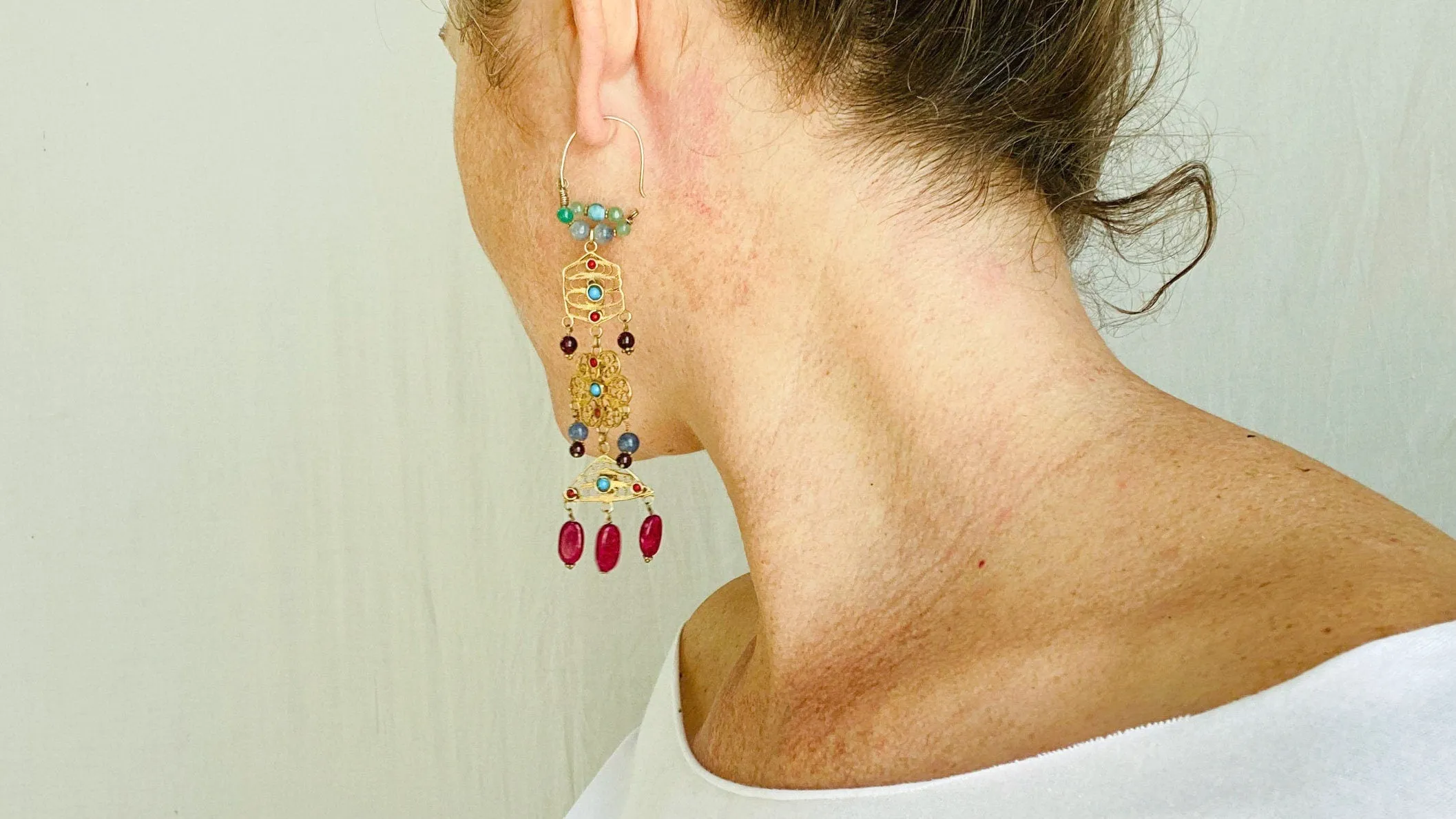 Vintage Uzbek Vermeil Filigree Earrings. Semi-Precious Stones. 0222
