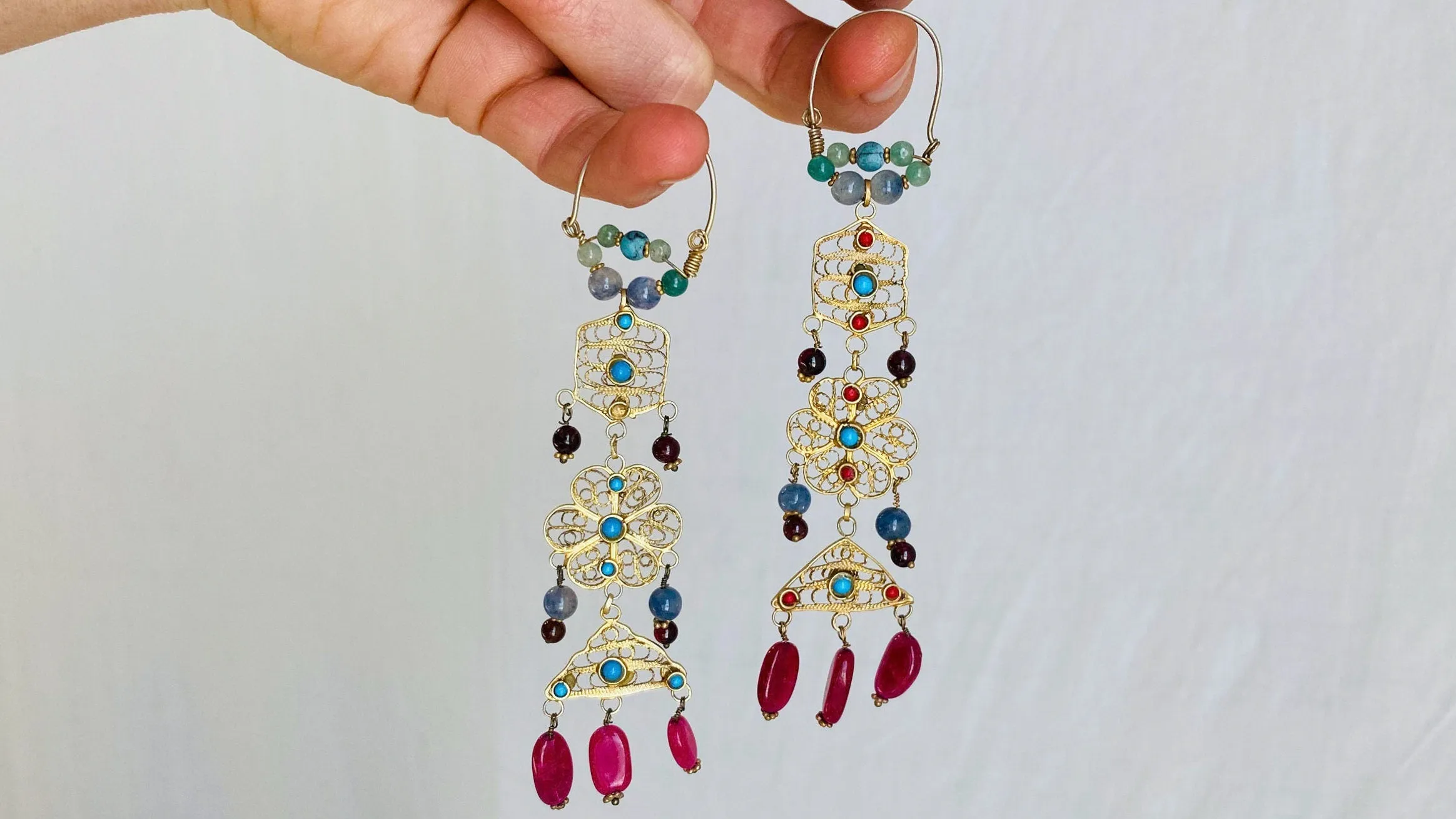 Vintage Uzbek Vermeil Filigree Earrings. Semi-Precious Stones. 0222