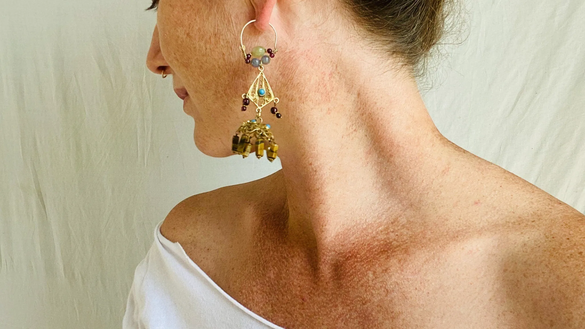 Vintage Uzbek Vermeil Filigree Earrings. Semi-Precious Stones. 0226