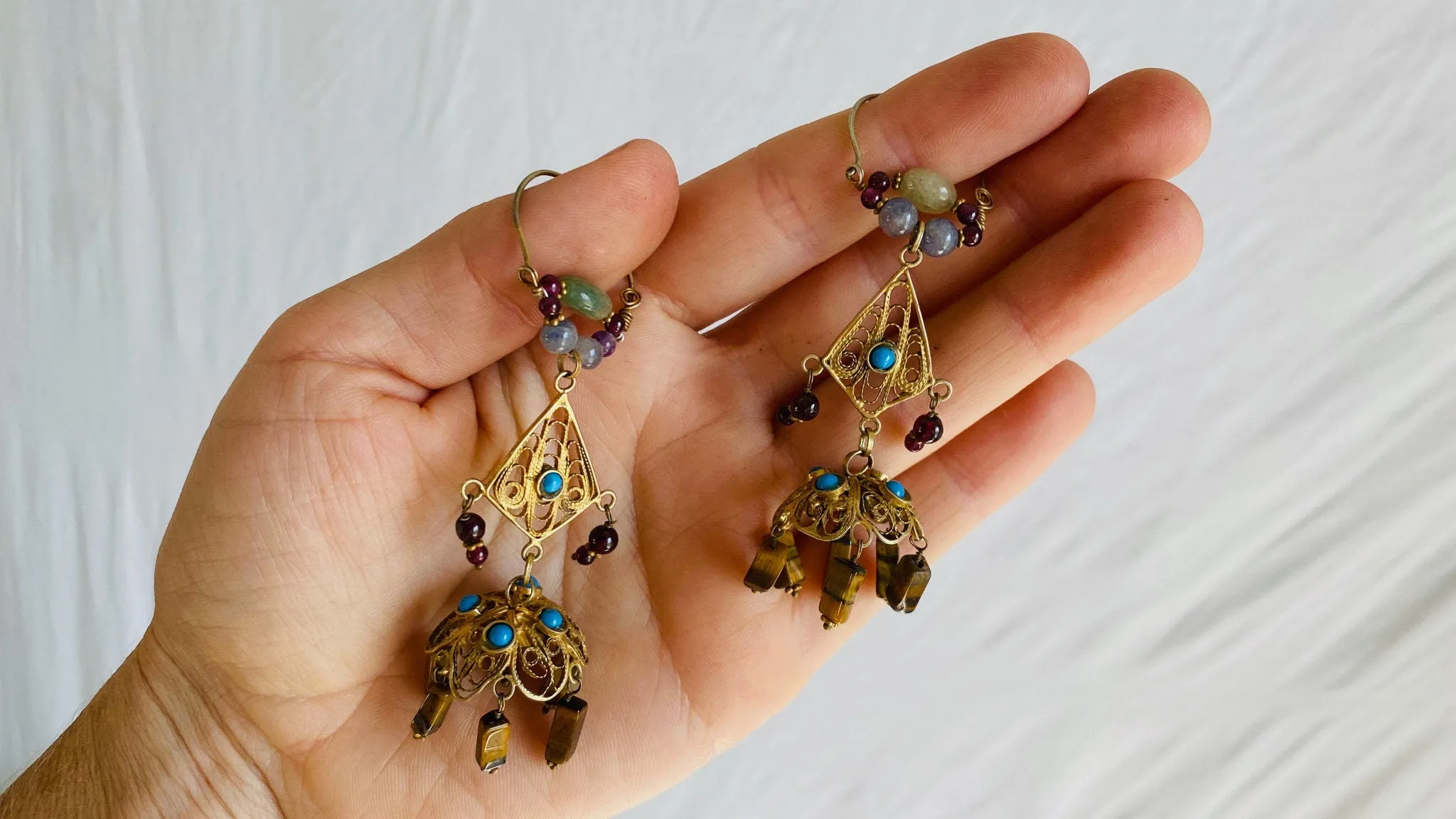 Vintage Uzbek Vermeil Filigree Earrings. Semi-Precious Stones. 0226