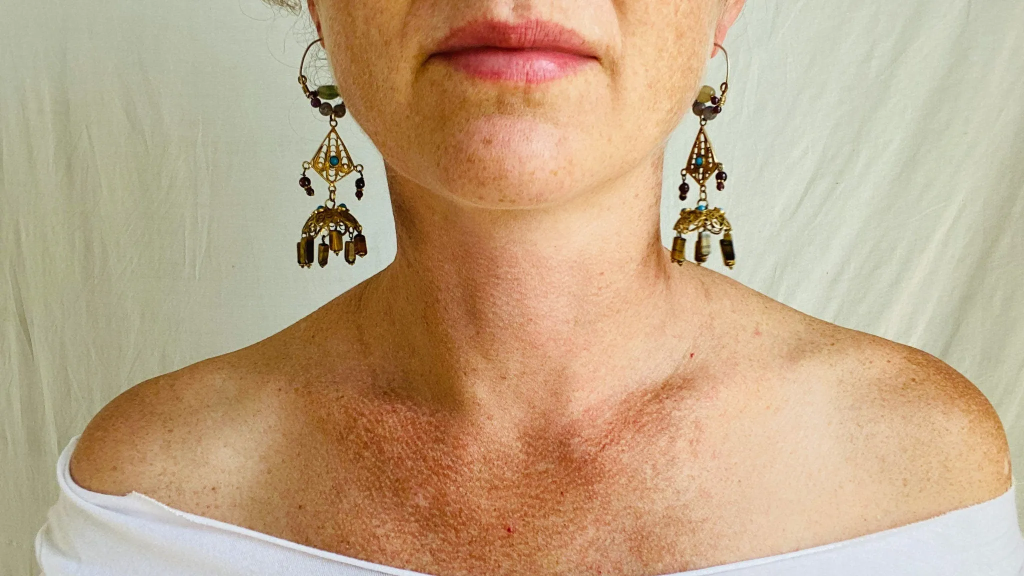 Vintage Uzbek Vermeil Filigree Earrings. Semi-Precious Stones. 0226