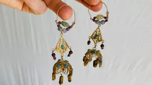Vintage Uzbek Vermeil Filigree Earrings. Semi-Precious Stones. 0226
