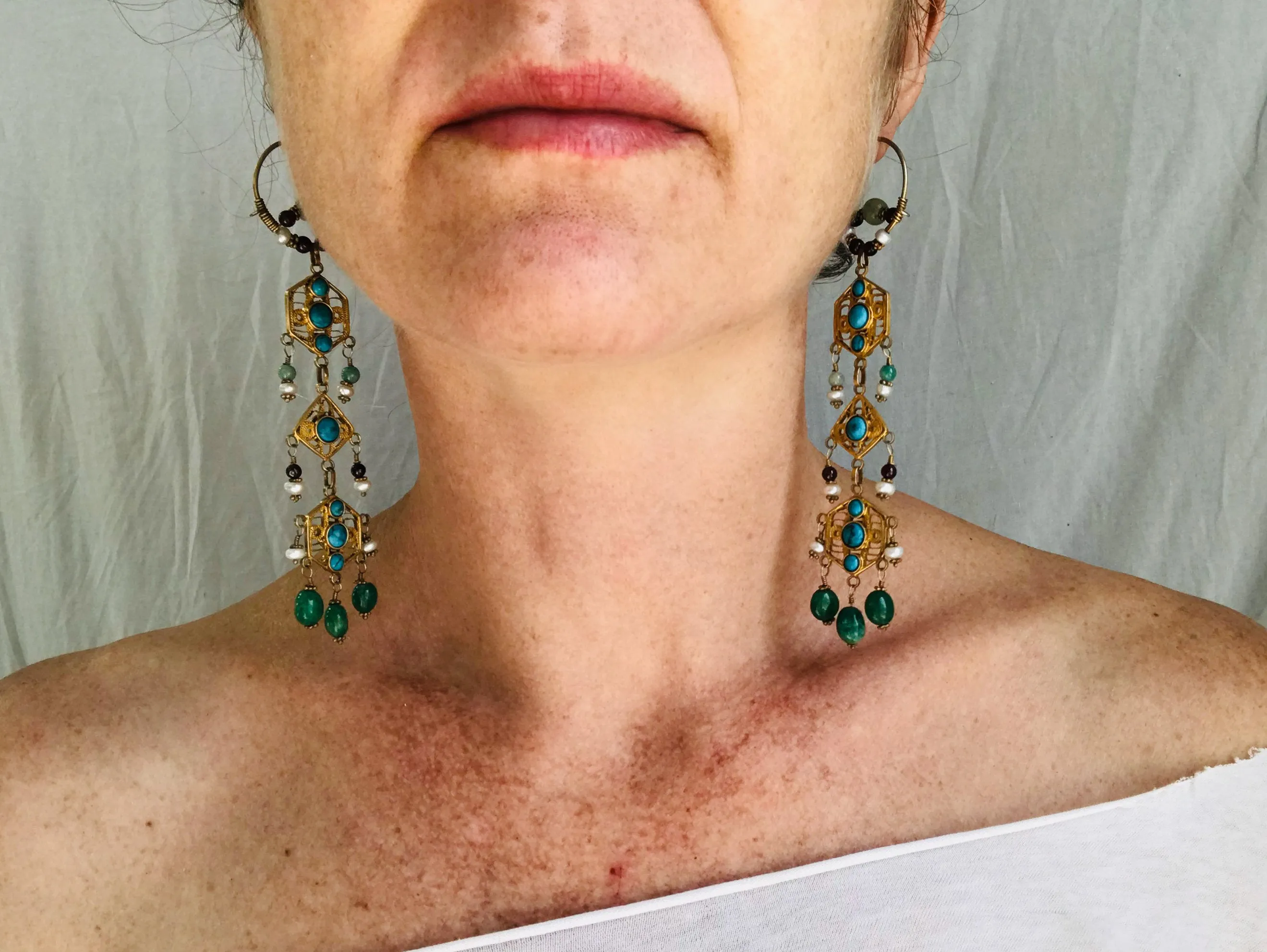 Vintage Uzbek Vermeil Filigree Earrings. Semi-Precious Stones.