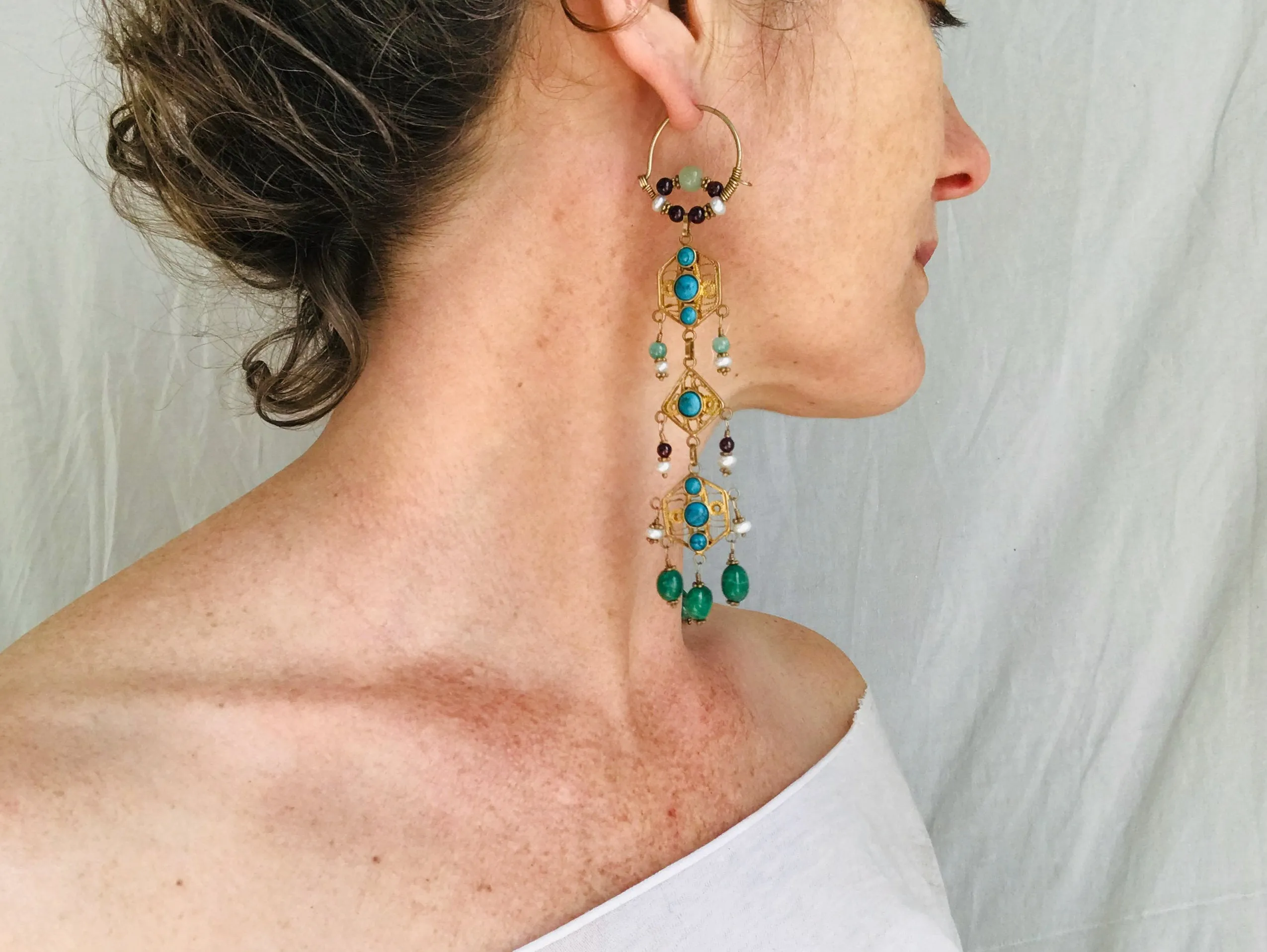 Vintage Uzbek Vermeil Filigree Earrings. Semi-Precious Stones.