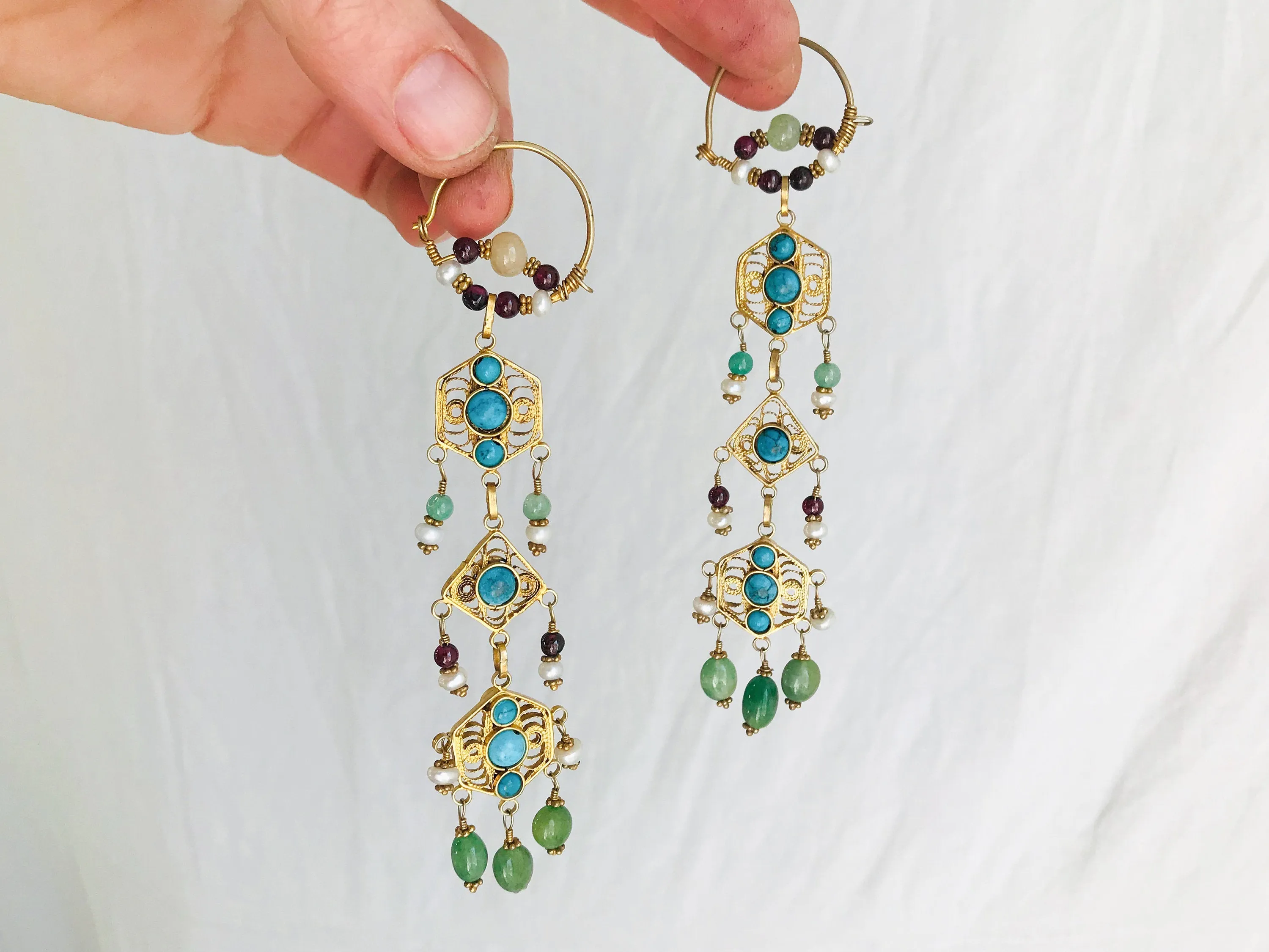 Vintage Uzbek Vermeil Filigree Earrings. Semi-Precious Stones.