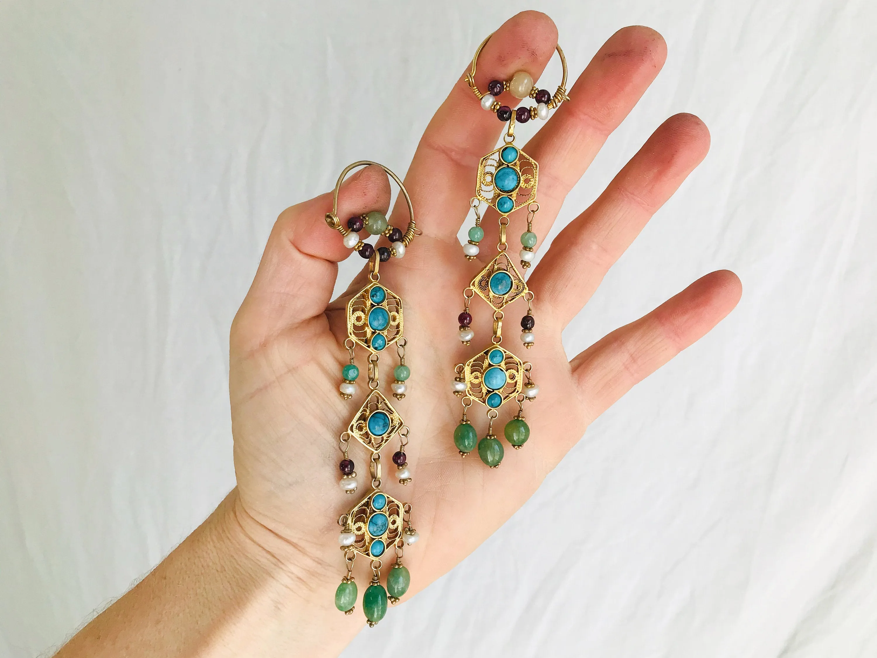 Vintage Uzbek Vermeil Filigree Earrings. Semi-Precious Stones.