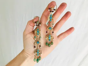 Vintage Uzbek Vermeil Filigree Earrings. Semi-Precious Stones.