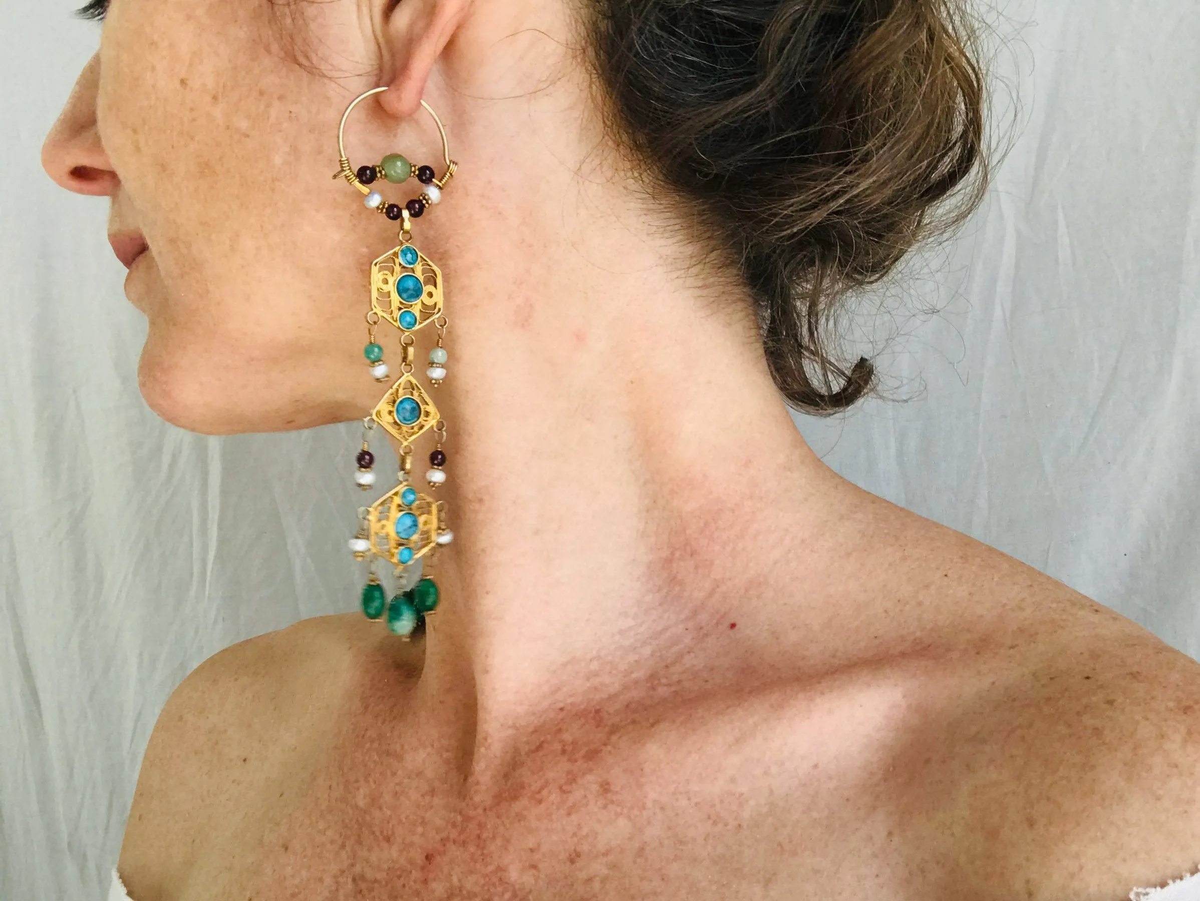 Vintage Uzbek Vermeil Filigree Earrings. Semi-Precious Stones.